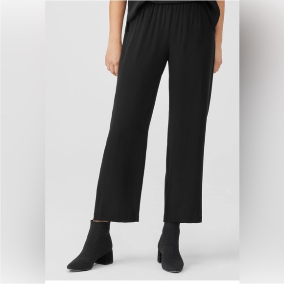 Eileen Fisher Silk Georgette Black Wide Leg Crop Pants - Picture 2 of 10